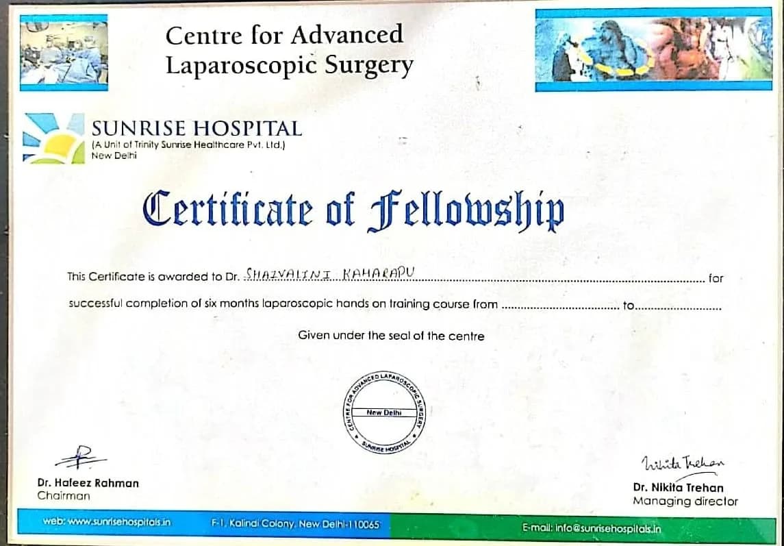 Certificate — Fellowship in Advanced Laparoscopic Surgery, Centre for Advanced Laparoscopic Surgery, Sunrise Hospital, New Delhi